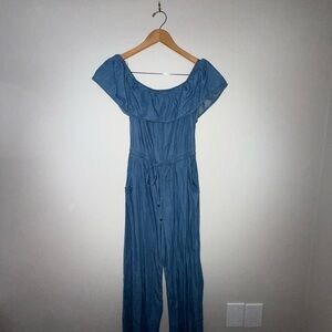 Chic Blue Denim Jumpsuit with Ruffled Neckline